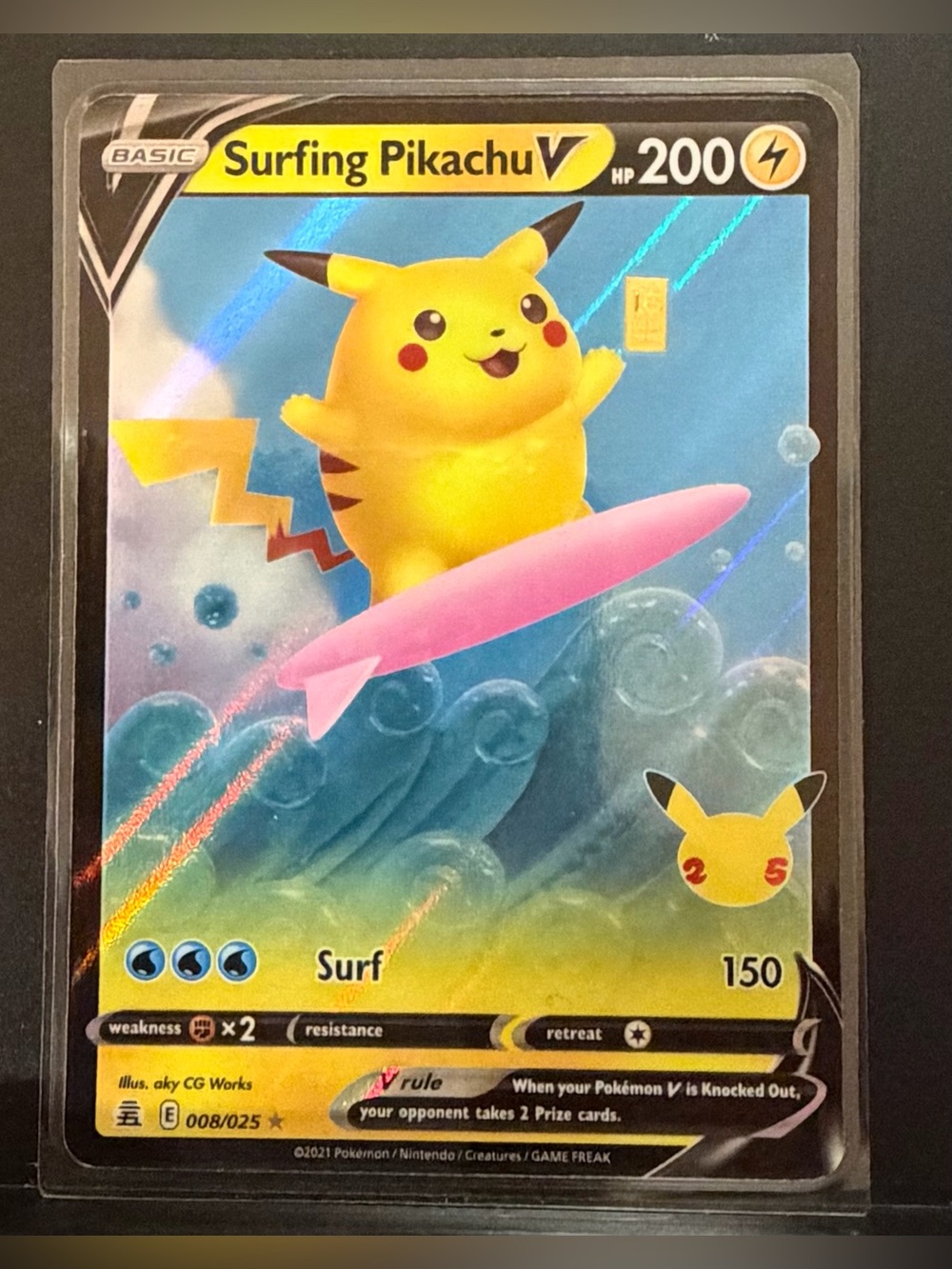 Surfing Pikachu V Collectible Card - 008/025 w/Gold 1/4 Grain 24kt Added to Card